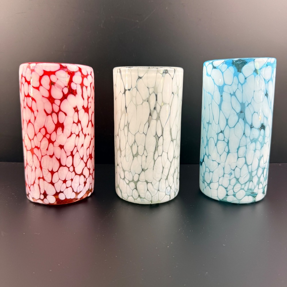 Hand Blown White Frit Pebble Art Glass Highball Tumblers 6.5" Studio Set of 3